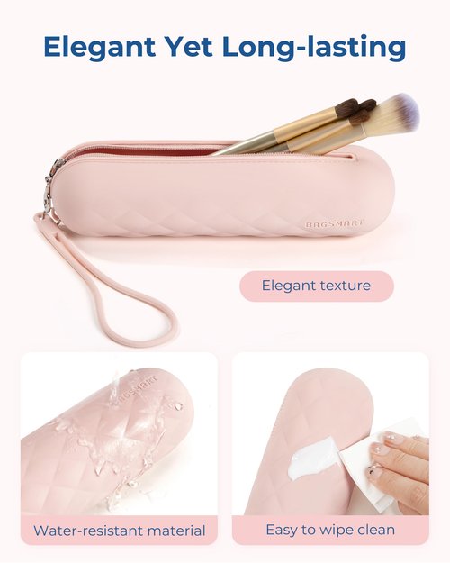 BAGSMART Makeup Brush Holder Bag, Travel Small Makeup Bag for Purse, Make Up Brush Bag Case Cosmetic Bag, Silicone Soft Portable Face Brushes Travel Essentials Organizer Holder, Pink