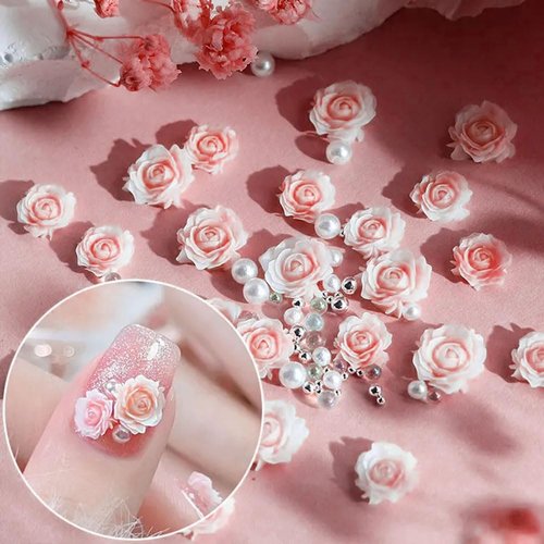 3D Pink Rose Flower Nail Charms Flower Nail Art Charms Nail Pearls Flower Charms for Nails Design Nail Flowers Rose Nail Charm Floral Nail Jewels for Nail Art Rhinestones for Nails Charms Nail Decor