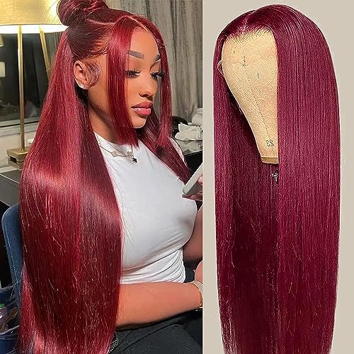 CHEETAHBEAUTY 99j Burgundy Lace Front Wigs Human Hair 24Inch 13x6 Burgundy Wig Human Hair 220% Density Brazilian Virgin Straight Human Hair Wigs for Women Pre Plucked with Baby Hair