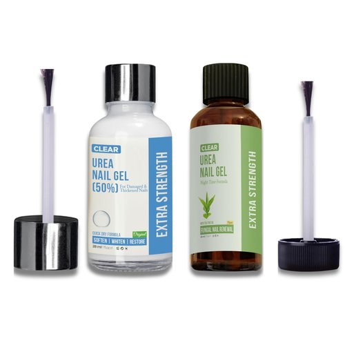 Urea Nail Gel Combo Pack – 50% Urea Daily Treatment & CLEAR 40% Urea Night Gel with Tea Tree Oil – Softens Thick Nails, Repairs Cracked Heels, Whitens Discolored Nails – Quick-Dry – Made in USA