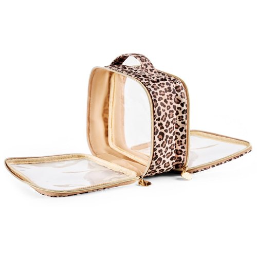 Yarnic Clear Leopard Travel Makeup Bag Transparent Cosmetic Pouch Portable Toiletry Bags Two Compartments Cosmetic Bag with Handle Nylon and PVC Make up Organizer Cheetah