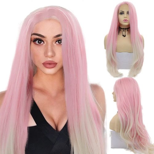 Kalisa Blonde Pink Hair Wigs for Women Synthetic Lace Front Wig Long Straight Pink Mermaid Wig Heat Resistant Fiber Glueless Wig 24inch