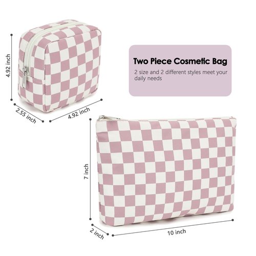 Fammart Checkered Makeup Bag, Travel Cosmetic Bag Organizer Toiletry Bag Make Up Bags with Zipper & Compartments for Women Girls, 2PCS