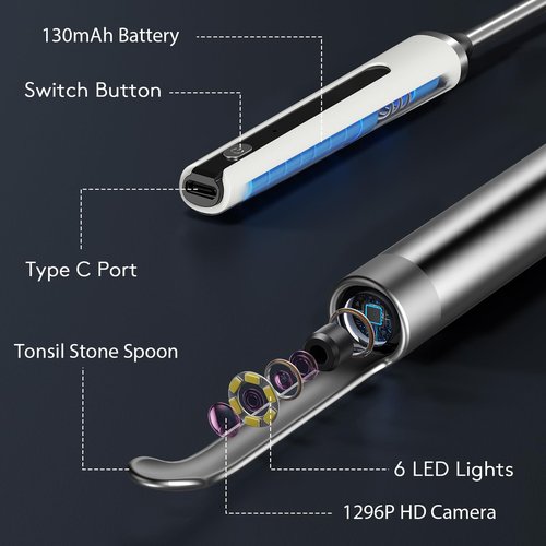 Tonsil Stone Remover with Camera - 1296P HD Larger View & Clearer Images Tonsil Stone Remover Kit with LED Light Tonsillolith Removal Tool Tonsil Cleaner with 3 Heads, Tonsil Stone Syringe (White)