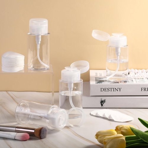 Zhehao 24 Pcs Push Down Pump Dispenser Nail Polish Remover Pump Lockable Empty Bottle Refillable Clear Cosmetic Container with Label for Liquid Acetone Nail Polish and Makeup Remover, 6.8 oz/ 200 ml