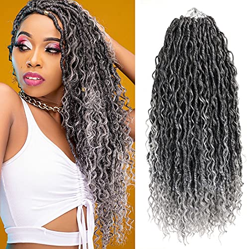 Ombre Grey Crochet Hair For Women Human Hair,18 Inch 7 Packs Boho Goddess Locs Crochet Hair,Pre Looped Goddess Faux Locs With Curly Ends,Hippie Locs Crochet Hair Braid(18in,7packs,T1B/Gray#)