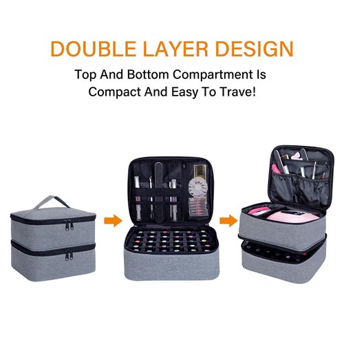 UOZL Nail Polish Organizer, Handheld Double Layer Organizer Holds 30 Bottles (15 ml/0.5 floz) with Adjustable Dividers for Nail Polish Small Manicure Lamp Manicure Tools Essential and Travel,Gray