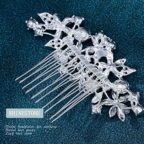 Foyte Crystal Bride Wedding Hair Comb Silver Flower Bridal Headpieces Leaf Hair Pieces Rhinestone Bridesmaid Side Combs Hair Accessories for Women (crystal silver)