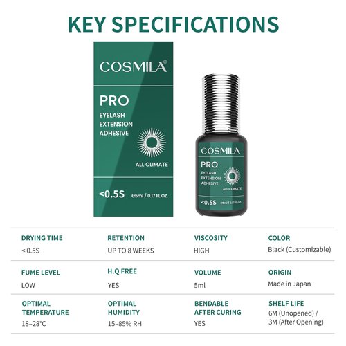 COSMILA Pro Eyelash Extension Glue – HQ Free – 99.8% Japan Monomer, Ultra-Stable – All-Climate, Sensitive-Friendly, Extra Strong – <0.5s Fast Drying, 8 Weeks Retention – for Lash Technicians – 5ml