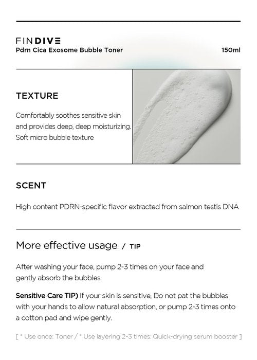 FINDIVE Official PDRN CICA Exosome Bubble Toner, PDRN (Sodium DNA) 1,000ppm, CICA Exosome 1,000ppm, Marin Collagen, Soothes, Regenerates Skin, Korean Skincare 5.07fl.oz