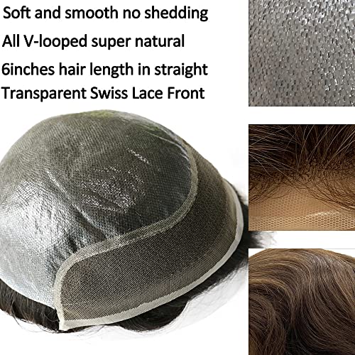 Men toupee Swiss Lace Front Natural Hairline with PU Skin V-looped European Human Hair Replacement System for Man Wigs 8x10 Inches Medium Density Hairpiece (#18 Dark Blonde Brown Color)