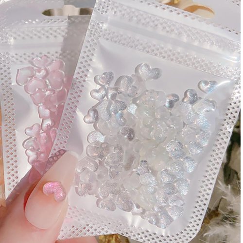 200 Pcs Glitter Clear Pink Heart Nail Art Charms Mixed Size 3D Love Hearts Nail Rhinestones Resin Crystal Nail Jewelry Acrylic Nail Supplies Women Valentine's Day Manicure Decoration Accessories