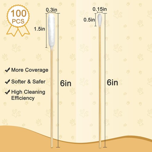 100 Pcs Large Cotton Swabs for Pet Care, 6 Inch Long Cotton Swabs with Bamboo Handle, Professional Dog Ear Swabs, Absorbency Big Cotton Tips, Pet Cleaning Solution Supplies