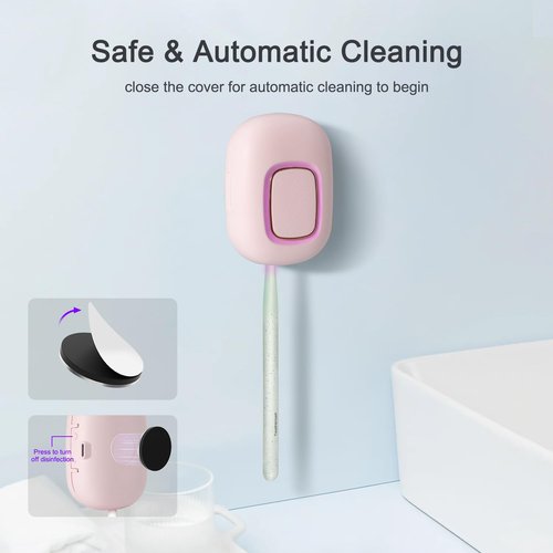 ELMWAY Toothbrush Holder, Toothbrush Cleaner Case, Portable USB Charging Toothbrush Cover with U V-C Light, Travel Toothbrush Holder (Pink-Fan-Heat)