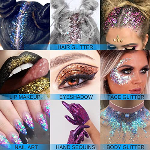 Holographic Face Glitter Gel Body Shimmer Makeup for for Hair, Face, Clavicle, Arm, Nail, Eyeshadow, Long Lasting Waterproof Mermaid Sequins Party Glitter for Rave Festival, 1.35oz (Illusion Purple#3)