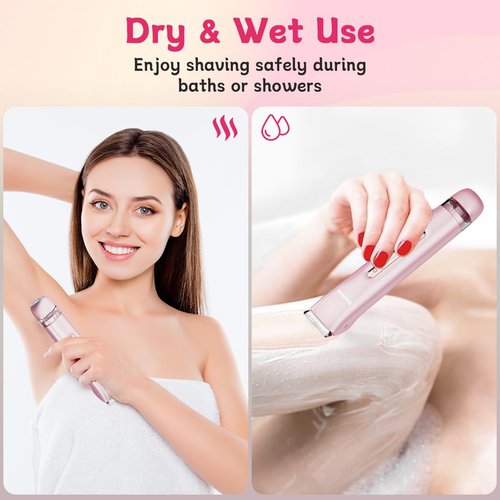2-in-1 Bikini Trimmer for Women, Dual Head Electric Shaver for Face, Legs & Sensitive Areas, IPX7 Waterproof Wet/Dry Razor, USB-C Rechargeable Lady Grooming Kit