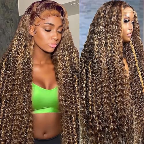 Highlight Ombre 13x4 HD Deep Wave Lace Front Wigs Human Hair 180% Density Honey Blonde Wig Human Hair Pre Plucked 4/27 Lace Frontal Wigs 30 Inch