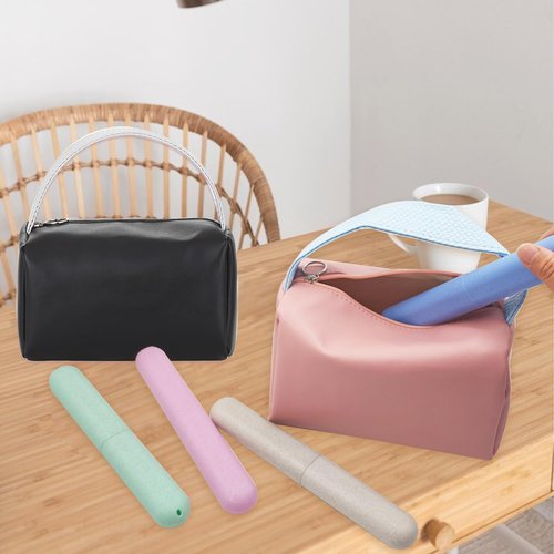 FEHNAG 4 Pack Portable Toothbrush Cases, Breathable Plastic Holders and Leather Travel Toiletry Bags, Organizers for Home, Business, Camping（pink）
