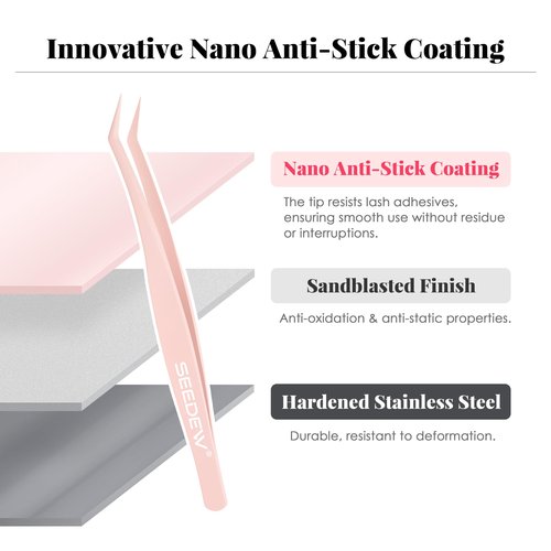 SEEDEW Tweezer P02 for DIY Lashes, Lash Application Tool, 1 PC Pointy Nano Coating Non-Stick Stainless Steel Curved Tweezer with a Protective Case, for Self-Adhesive/Pop-On Eyelash Extensions(Pink)