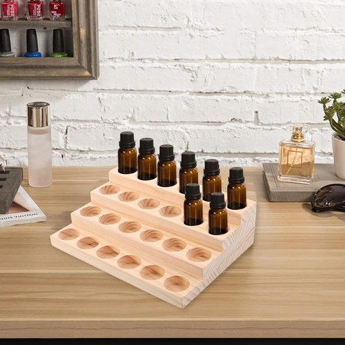 Healifty Essential Oil Storage Rack Wooden Nail Polish Display Holder 24 Slots 30ML Cosmetic Perfume Bottle Organizer Shelf for Makeup Bottles Nail Salon Bedroom