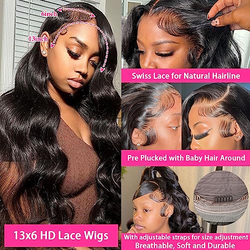 28 Inch Body Wave Lace Front Wigs Human Hair 13X6 HD Lace Frontal Wigs Human Hair 180% Density Glueless Wigs Human Hair Pre Plucked for Women Brazilian Virgin Body Wave Wig Natural Color