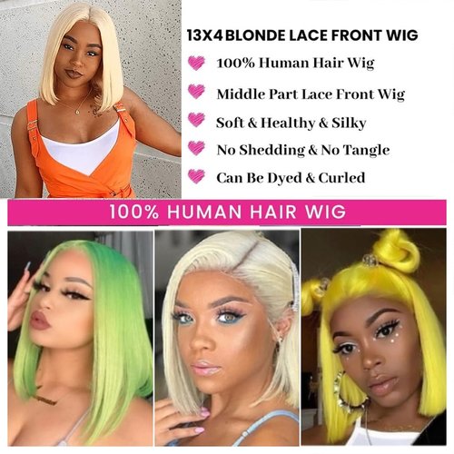 PXCPXC 613 Lace Front Wigs Human Hair Blonde Bob Wig Human Hair 13X4 HD Lace Closure Short Bob Wigs 180% Density 10 Inch Straight Lace Front Wig Human Hair Blonde Short Bob Wigs for Women