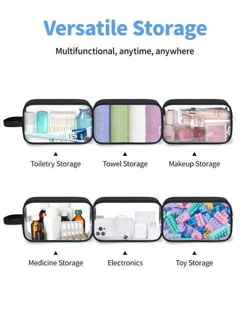 Narwey Clear Travel Toiletry Bags for Traveling Toiletries Men Women, Clear Makeup Bag Cosmetic Bag with Zipper, Make Up Pouch Organizer Bag with Handle, Skincare Beach Snack Medicine Bag, Black
