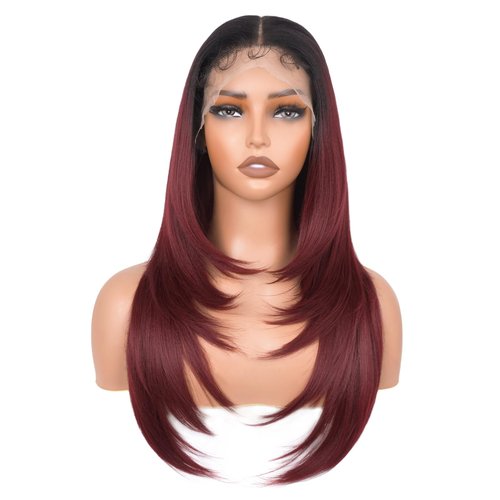 13x6 HD Lace Front Wigs for Women, Synthetic Wigs Wear and Go Glueless Wig with Baby Hair, Pre Plucked Layered Long Straight Wig, Heat Resistant (#OMBUG Burgundy)