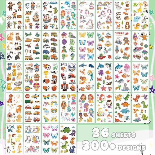 Temporary Tattoos for Kids, 36 Sheets, 350+ Mixed Luminous Styles, Glow In The Dark Tattoos Kids with Animal Alien Dinosaur Unicorn Balls Mermaid Car Space Butterfly Ocean Pirate Summer Rainbow etc