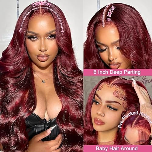 30inch Burgundy Lace Front Wigs 220% Density 13x6 Body Wave Lace Frontal Wigs Pre Plucked Glueless Red Wig Wine Red Lace Frontal Wigs for Women