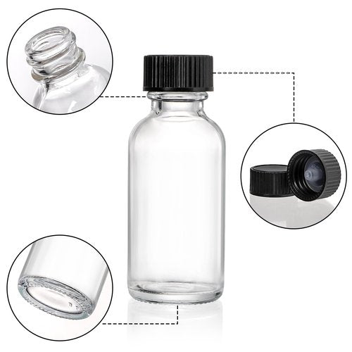 Bekith 30 Pack Boston Round Glass Bottle with Black Cap, 1 oz Capacity, Clear