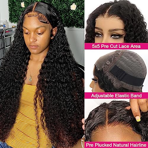 Yuzhou Grace 5x5 HD Lace Closure Wigs Human Hair Glueless Wigs Human Hair Pre Plucked Pre Cut Ready To Wear Deep Wave Curly Glueless Wig Human Hair 250 Density with Baby Hair Natural Hairline(26inch)