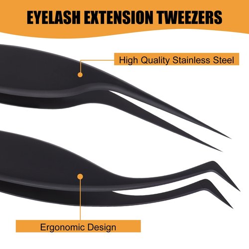 Lash Extension Tweezers, Professional Fiber Tip Lash Tweezer Set for Classic & Volume Lashes, High Precision Eyelash Tweezers Kit– Black Set of 2, Ideal for Lashes Artists