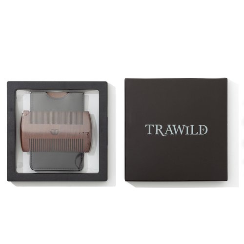 Premium Sandalwood Beard Comb with Mother of Pearl Decoration and Black Case - Traditional Craft Work & The Lux Edition for the Perfect Beard & Mustache Grooming and Gift for Men - TRAWILD (MARK)