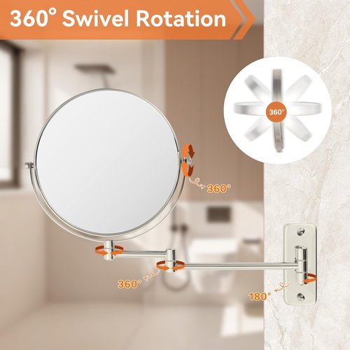 AumVum 8" Extendable Bathroom Mirror Wall Mount with 1X/10X Magnification, 360° Swivel Double Sided Vanity & Shaving Mirror, Nickel Finish (No Light)