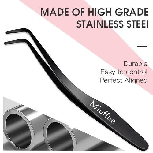 Miuffue Lash Applicator Tool DIY Eyelash Applicator Stainless Steel Curved Eyelash Tweezers for Cluster Lashes (Black)