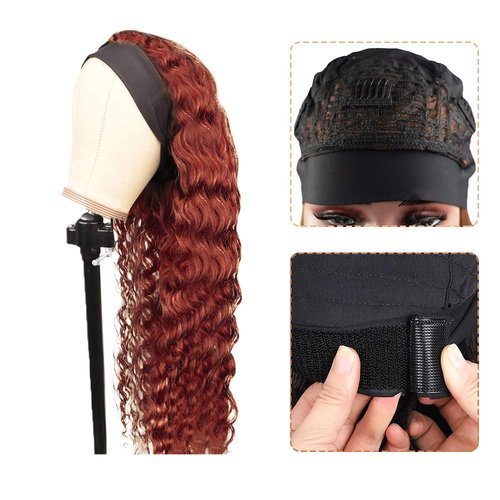 YiweYowe 32 Inch #33 Reddish Brown Headband Wig Human Hair 150% Density Grade 8A Unprocessed Brazilian Virgin Hairs Machine Made Auburn Brown Water Wave Headband Wig Human Hair None Lace Front Wig