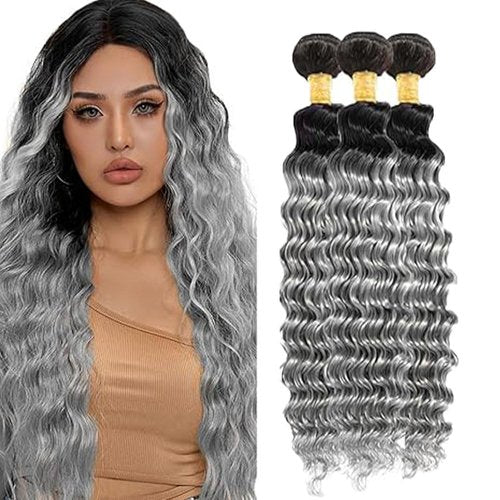 Ombre Grey Human Hair Bundles 16 18 20 Inch Deep Wave T1B/GREY Human Hair Bundles Grey Bundle 12A Unprocessed Brazilian Virgin Hair 3 Bundle for Black Women