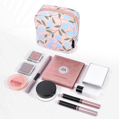 MAANGE Small Makeup Bag for Purse, Portable Cosmetic Bag, Mini Makeup Bag with Slip-in Pockets, Cute Make Up Bag, Pouches for Purse Women (Pink Plants)