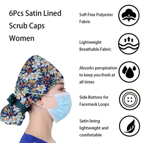 6Pcs Satin Lined Scrub Caps Women Ponytail, Adjustable Surgical Caps for Women, Scrub Hats, Nurse Cap, Nurse Surgical Hat with Button and Sweatband, Elastic Ponytail Pouch Tie Back