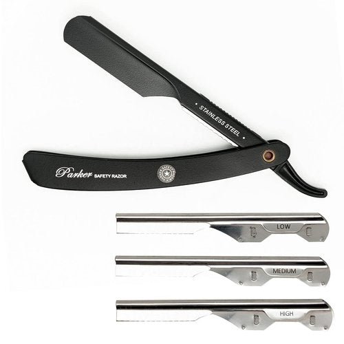 Parker PTABK Adjustable Stainless-Steel Barber Razor | 3 Blade Exposures (Low/Medium/High) | Straight Shavette with 5 Premium Platinum Refills | Black Stainless Steel Handle