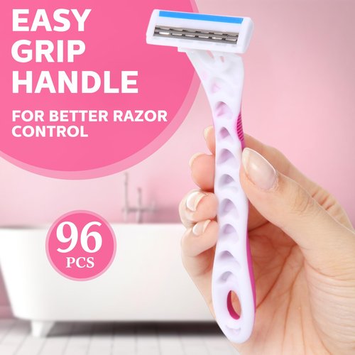 Leriton 96 Count Women's Disposable Razors Blades Bulk 3 Blade Razors for Women Disposable Head Razor Sensitive Skin Razor Comfortable Shave for Bathing Hotel Travel