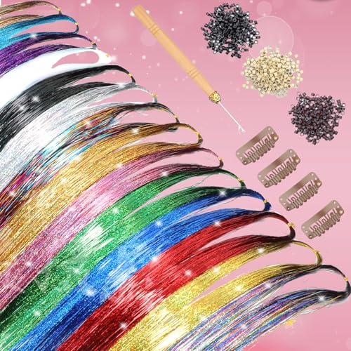 Hair Tinsel Kit 20 Colors 4800 Strands Fairy Hair Tinsel Heat Resistant 48 Inches Glitter Tinsel Hair Extensions Highlights Sparkling Hair Tinsel Kit for Girls Hair Accessories Party Festival