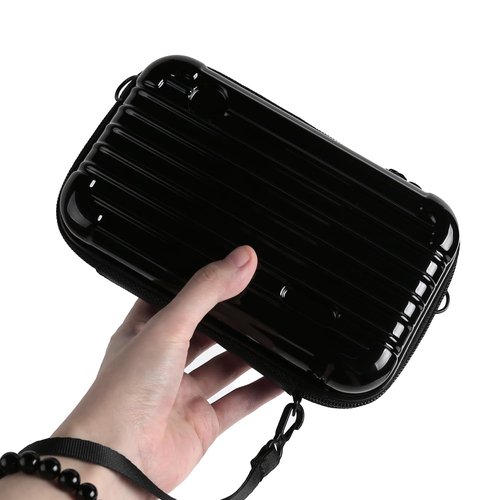 ASUNFO Black Hard Shell Cosmetics Case Carrying Hard Bag for Toiletry Storage Cross Body Bag with Shoulder Strap for Detachable Grip Rope and Shoulder Strap for Travel
