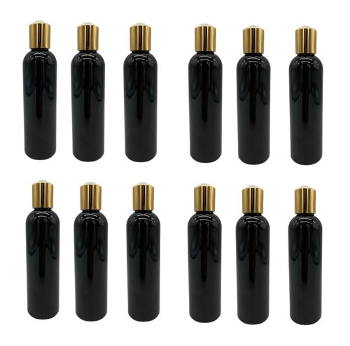 Natural Farms 4 oz Black Cosmo Plastic Bottles -12 Pack Empty Bottle Refillable - BPA Free - Essential Oils - Aromatherapy | Gold Disc Caps - Made in the USA