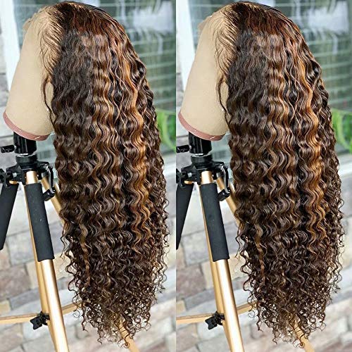 ten chopsticks Wigs HD Transparent 13x6 Highlight Ombre T4/27 Color Curly Lace Front Wig Pre Plucked Bleached Knots Human Hair Wigs for Women Brazilian Deep Wave Curly Wig Human Hair 14inch