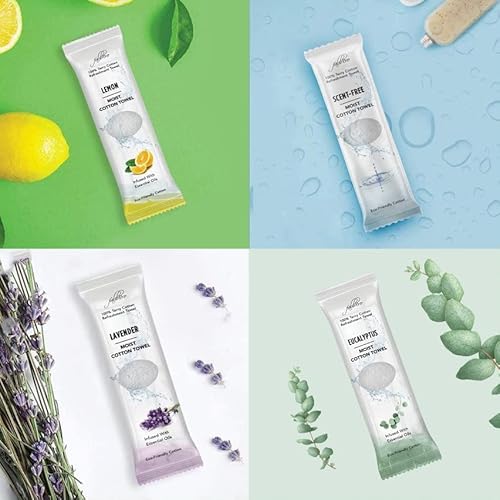 Oshibori Moist Terry Cotton Refreshment Towels (100 Pack,8x8 Inches)-White Scented Pre-moistened Essential Oil Infused Towel to Use Hot or Cold ? Unscented, Lavender, Lemon & Eucalyptus Scents