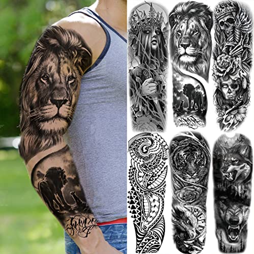20 Sheets Black Tribal Wolf Tiger Lion Temporary Tattoo Sleeve For Men Adults, 3D Halloween Prison Gothic Maori Sleeve Tattoos For Women, Fake Full Arm Sleeve Tattoo Stickers Skull Skeleton
