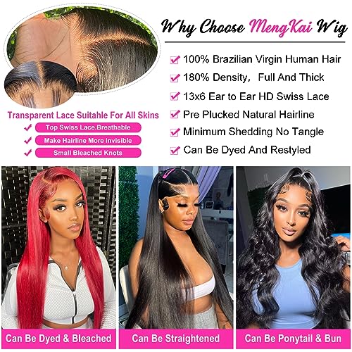 Mengkai 32 Inch Lace Front Wig, Human Hair, Pre-Plucked, Straight, 13x6, Glueless with Baby Hair, Bleached Knots, Frontal Wig for Women