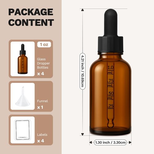 Bumobum 1 oz Dropper Bottle, Amber Glass Dropper Bottle with Glass Measured Dropper, Empty Eye Tincture Bottles with Funnel & Labels for Essential Oils Serums Tavel Liquids, 4 Pack